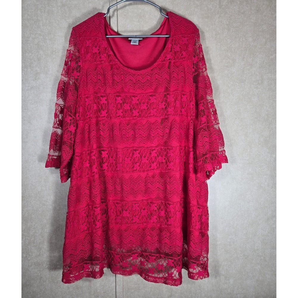 Catherines Pink Floral Lace Overlay Scoop Neck 3/4 Sleeve Dress 3X